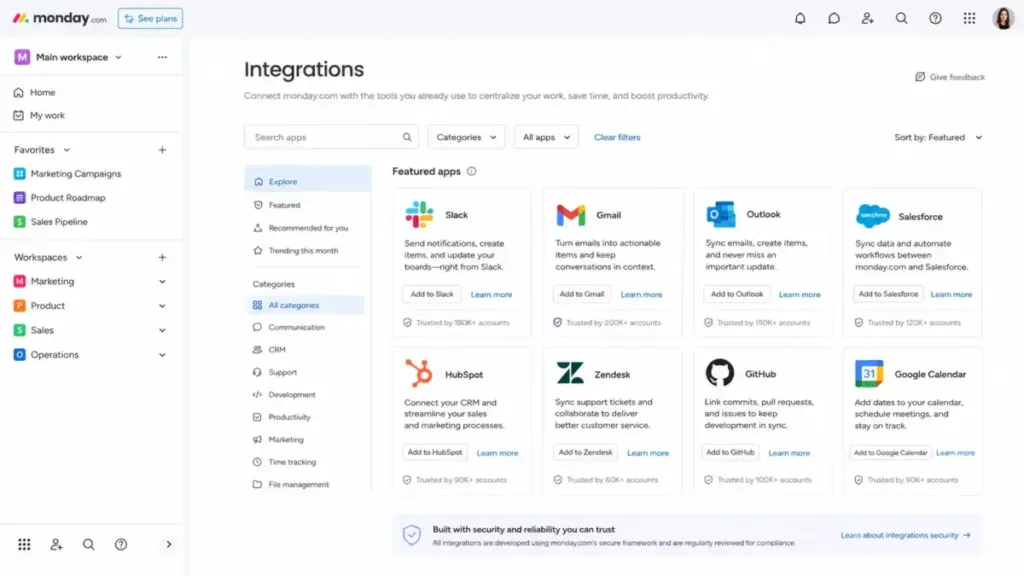 Highly realistic monday.com integrations marketplace mockup showing Slack, Gmail, Outlook, Salesforce, HubSpot, Zendesk, GitHub, and Google Calendar integration options.