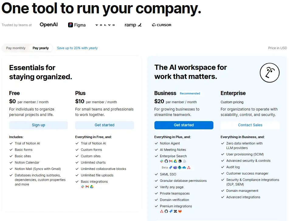Notion-style pricing page showing Free, Plus, Business, Enterprise, and Custom Agents credits cards with monthly prices, AI features, admin controls, and usage-based credits.