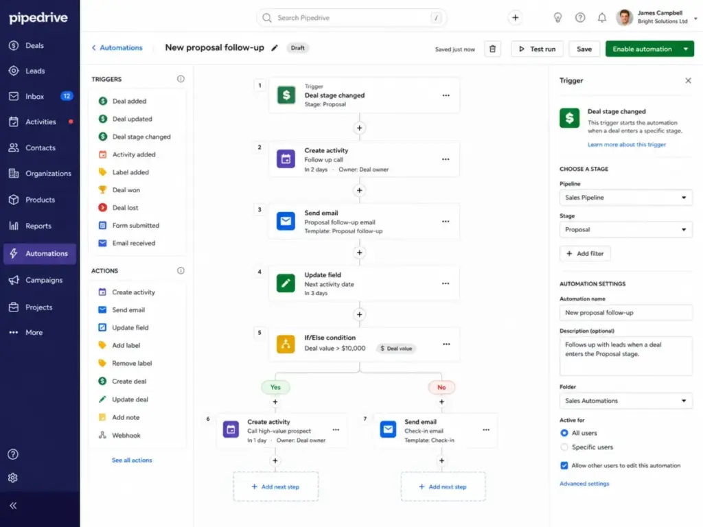 Pipedrive automation builder showing a workflow with a deal stage trigger, follow-up actions, and if/else condition branches.