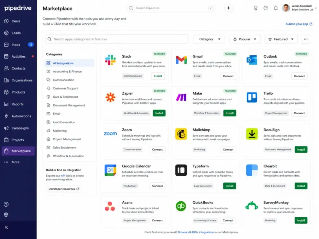 Pipedrive Marketplace showing CRM integrations including Slack, Gmail, Outlook, Zapier, and Make.