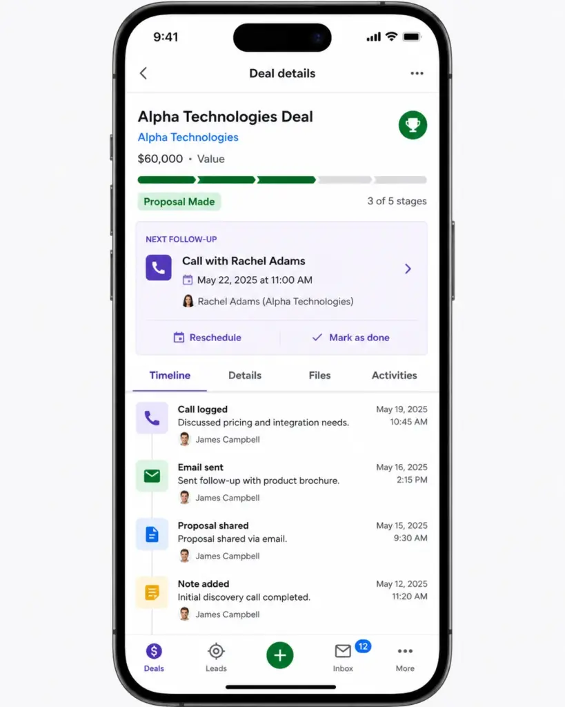 Pipedrive mobile app showing deal details, recent activity timeline, and next follow-up task for an open sales opportunity.