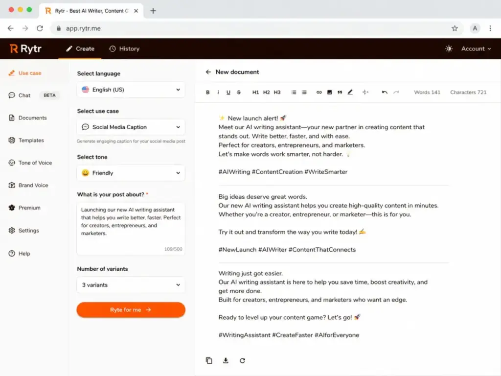 Rytr dashboard showing a social media caption workflow with use case, tone, input prompt, and generated short-form copy variants.