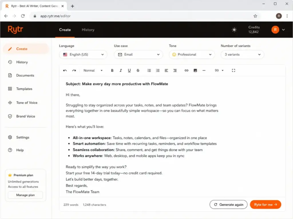 Rytr editor showing a generated email draft with language, use case, tone, and variant controls in the content creation workspace.