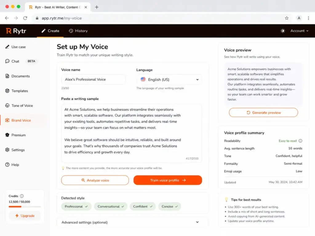 Rytr My Voice setup screen showing a voice name field, language selector, writing sample input, voice analysis tags, and voice preview panel.