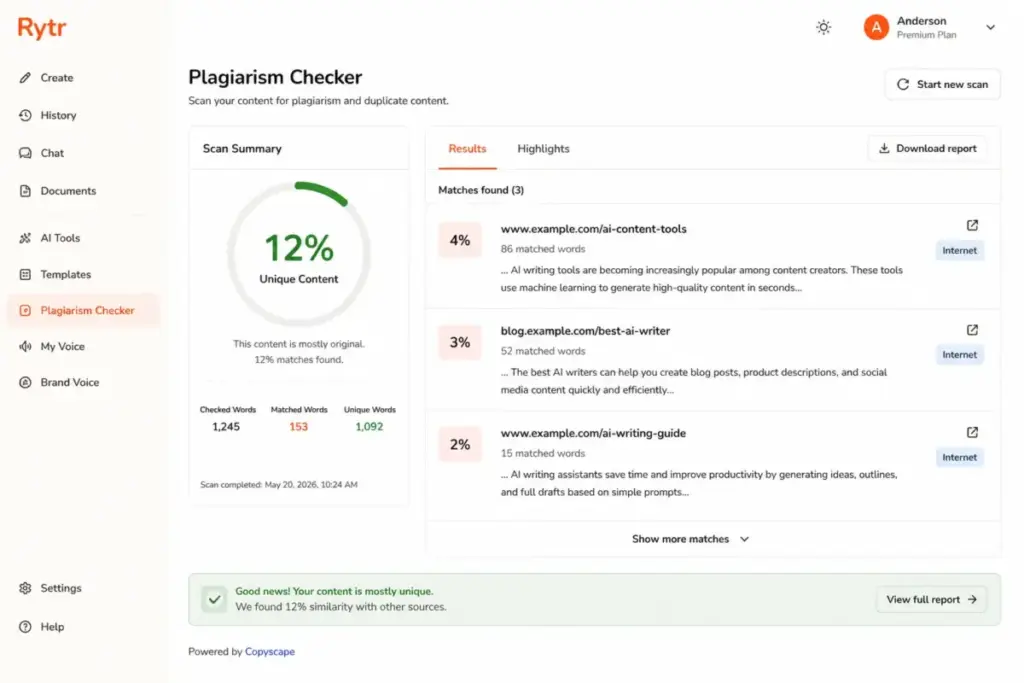 Rytr plagiarism checker result screen showing a unique content score, matched sources, checked words, matched words, and report download option.