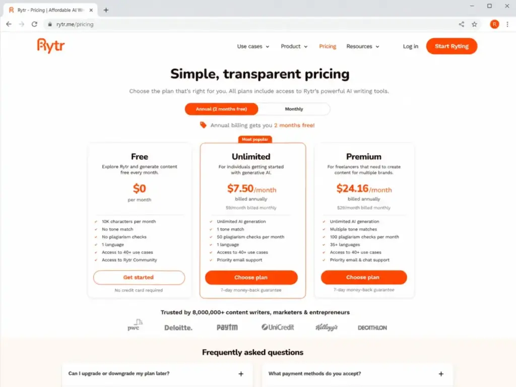 Rytr pricing page showing Free, Unlimited, and Premium plans with annual billing, monthly prices, feature limits, and plan selection buttons.