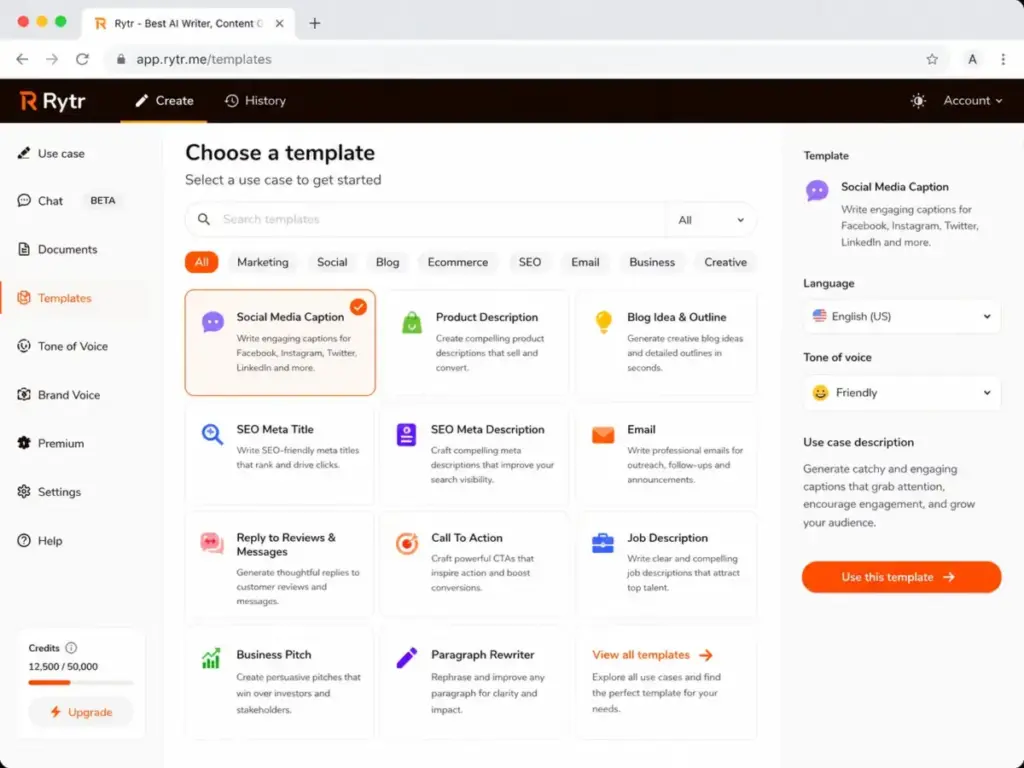 Rytr template selector showing use case cards, category filters, language settings, tone selector, and selected social media caption template.