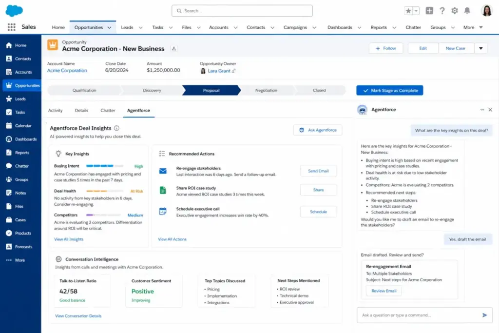 Salesforce Agentforce AI interface showing deal insights, recommended actions, and conversation analysis for an opportunity.