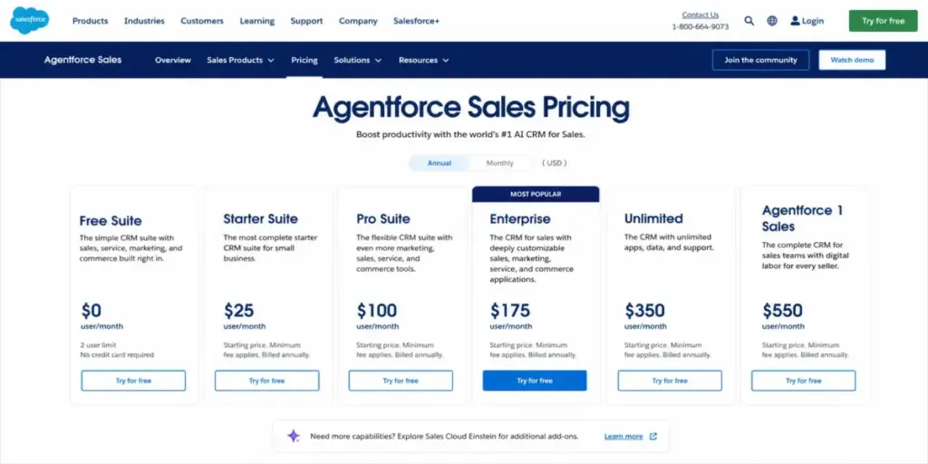 Salesforce Agentforce Sales pricing page showing Free Suite, Starter Suite, Pro Suite, Enterprise, Unlimited, and Agentforce 1 Sales plan tiers.