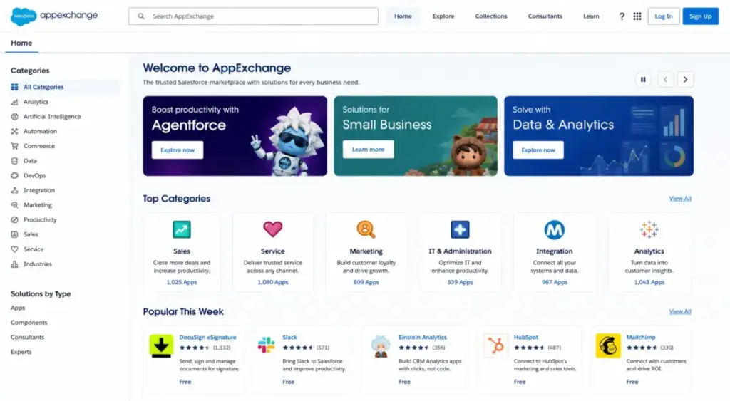 Salesforce AppExchange marketplace page showing app categories, featured collections, and popular CRM integrations.