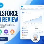 Salesforce CRM Review featured image with Sales Cloud dashboard, pricing, features, pros and cons, and AI CRM platform elements.