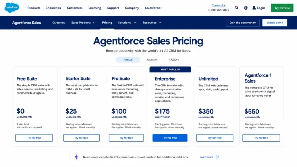 Salesforce pricing page showing six Agentforce Sales plan tiers from Free Suite to Agentforce 1 Sales.