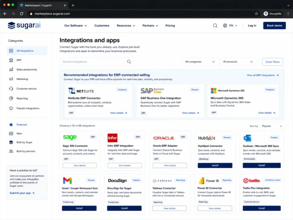 Sugar Marketplace integrations page showing ERP connectors, third-party apps, NetSuite, SAP Business One, Microsoft Dynamics, Sage, Oracle, HubSpot, and productivity integrations.