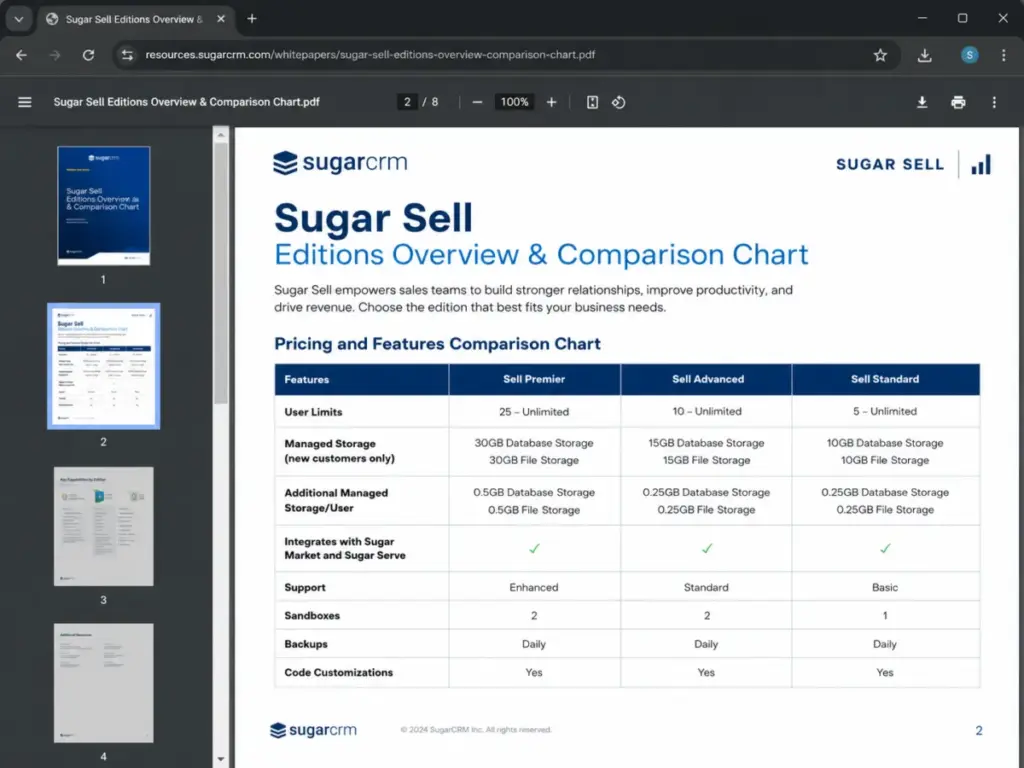 Sugar Sell editions comparison PDF showing storage, support tiers, sandboxes, backups, and plan differences for Premier, Advanced, and Standard.