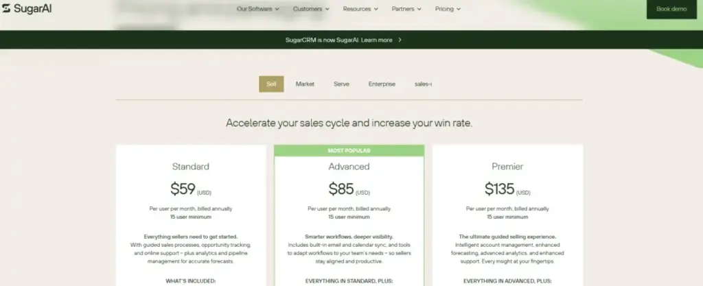 SugarAI pricing page showing Sell plans with Standard, Advanced, and Premier tiers.