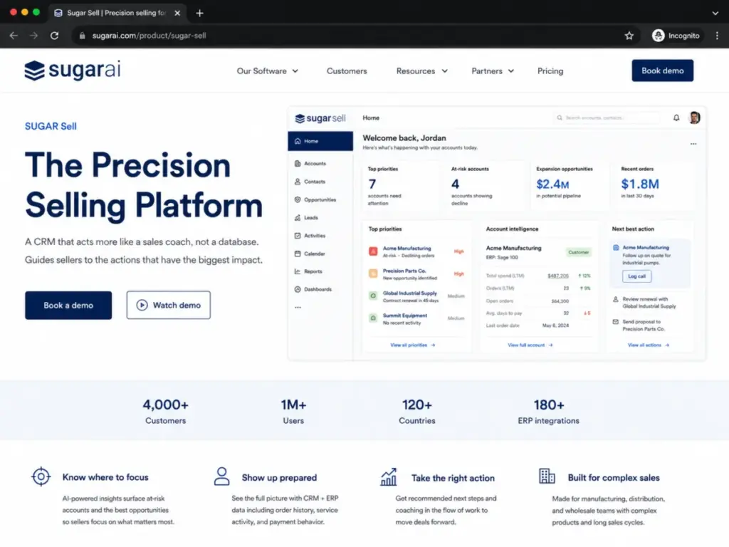 Sugar Sell product page showing CRM dashboard with ERP data, sales priorities, at-risk accounts, expansion opportunities, and next best actions.