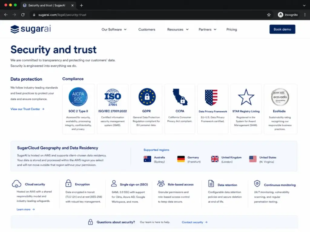 SugarAI security and trust page showing SOC 2 Type II, ISO/IEC 27001:2022, GDPR, CCPA, Data Privacy Framework, STAR Registry, and EcoVadis badges.