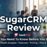 SugarCRM Review - A comprehensive guide with feature analysis, pricing, pros & cons, set in a modern business office environment.