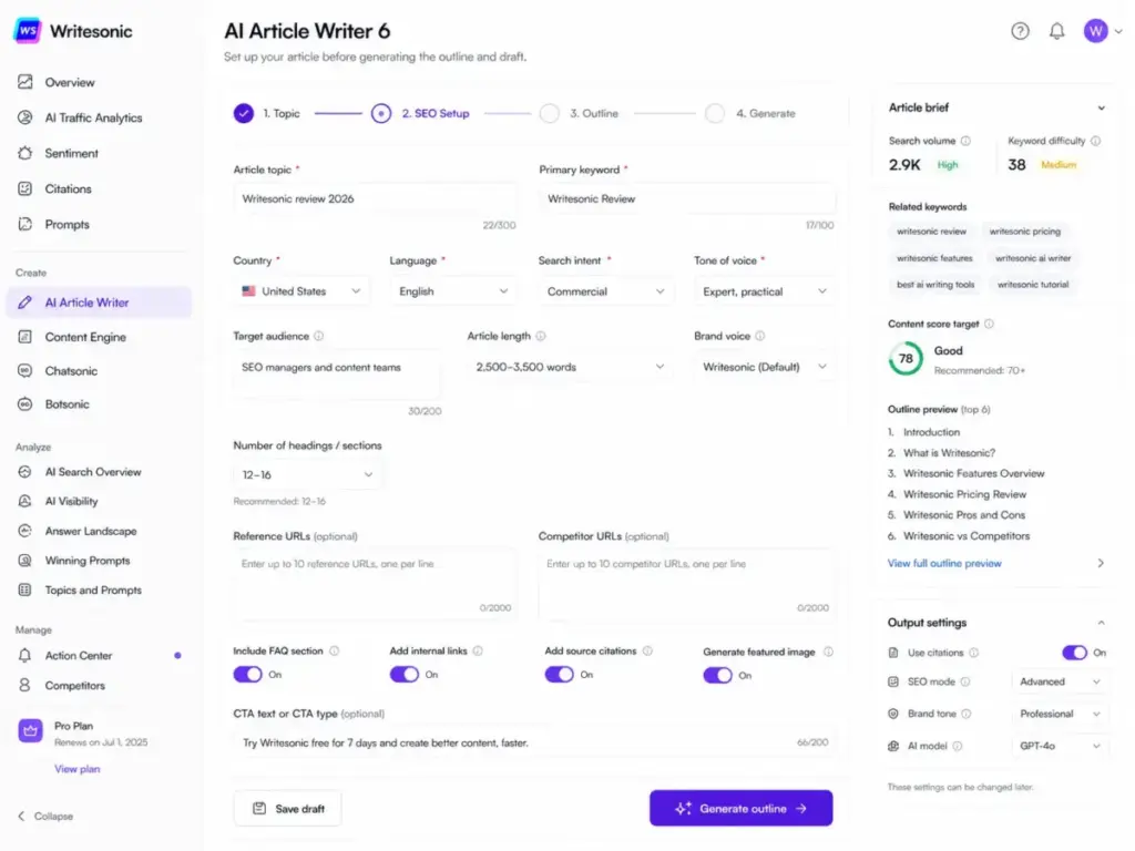 Writesonic AI Article Writer 6 workflow screen showing article topic, primary keyword, SEO setup fields, content settings, and generate outline button.