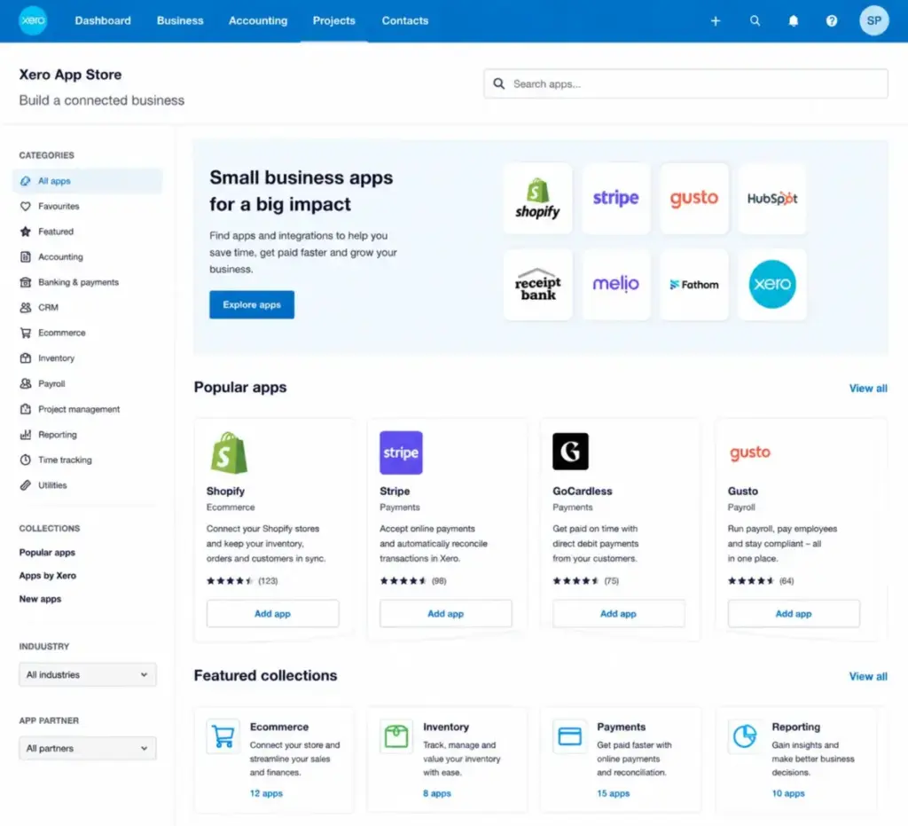 Screenshot of Xero App Store showing Shopify, Stripe, GoCardless, Gusto, and inventory app integrations.