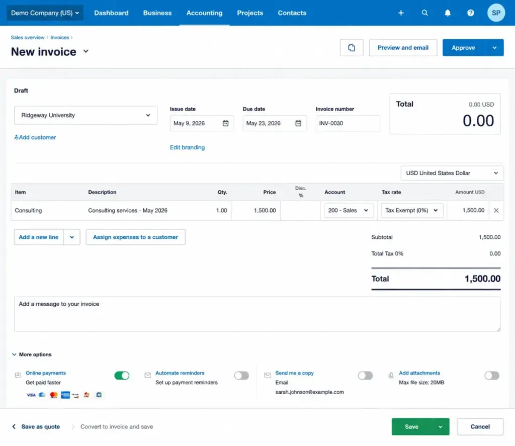 Screenshot of Xero invoice creation screen showing quote-to-invoice flow with itemized line, totals, and online payment option.