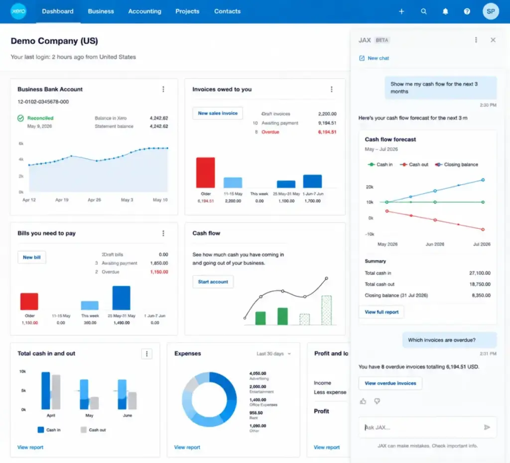 Screenshot of Xero JAX beta chat panel showing cash-flow and invoice admin requests alongside the main dashboard.