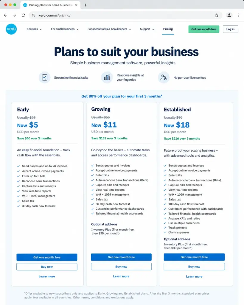 Screenshot of Xero US pricing page showing Early, Growing, and Established plans with promo prices and no per-user license fees.