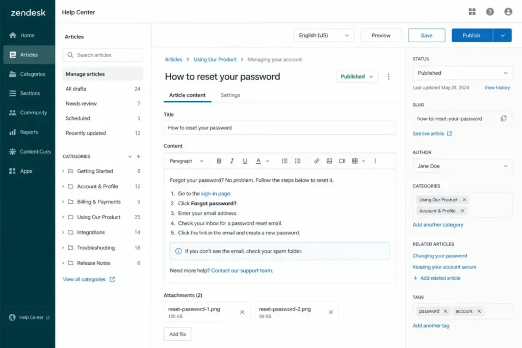 Zendesk Help Center editor showing article management, category structure, rich-text article editor, publishing status, tags, and related articles.