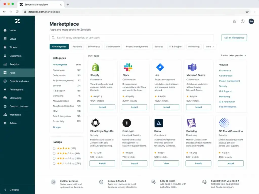 Zendesk Marketplace page showing Shopify, Slack, Jira, Microsoft Teams, Okta, OneLogin, Drata, Datadog, and security integrations.