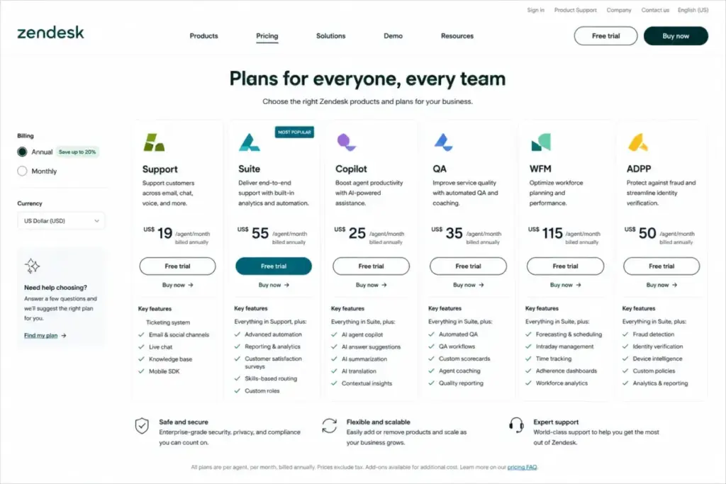 Zendesk pricing page showing Support, Suite, Copilot, QA, WFM, and ADPP plan cards with annual billing and per-agent monthly prices.