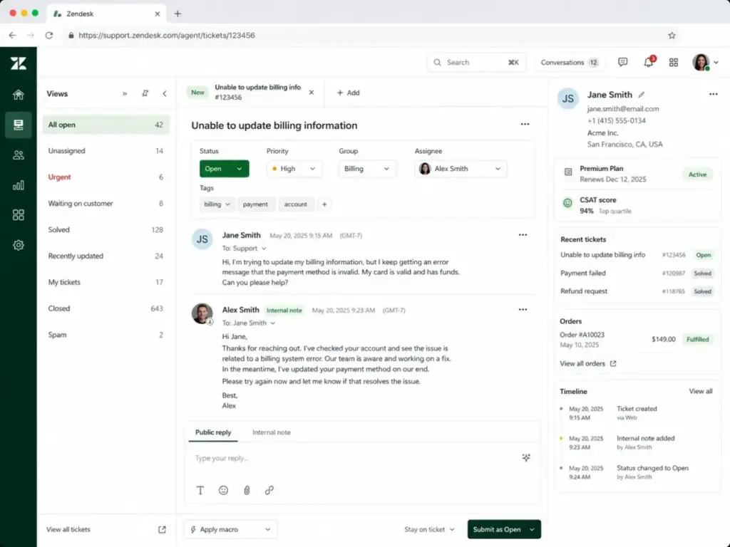 Zendesk dashboard showing ticket views, an open support ticket conversation, agent reply composer, and customer context panel.