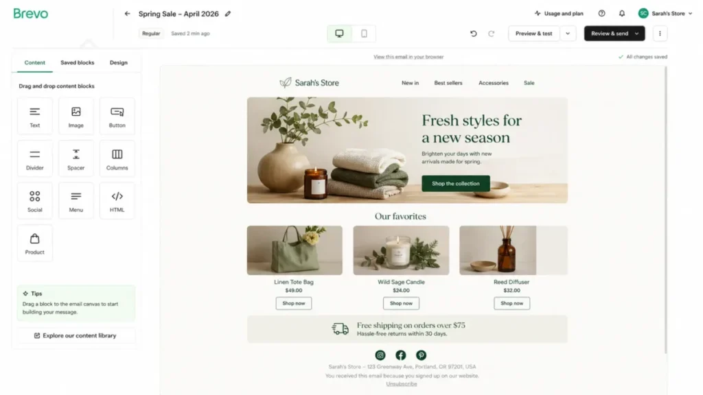 Brevo email editor with drag-and-drop content blocks in 2026