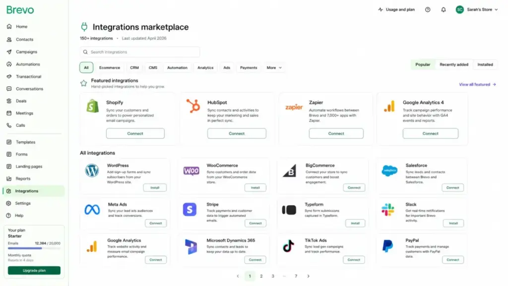 Brevo integrations marketplace with Shopify, HubSpot, Zapier, WordPress, WooCommerce, and analytics apps in 2026