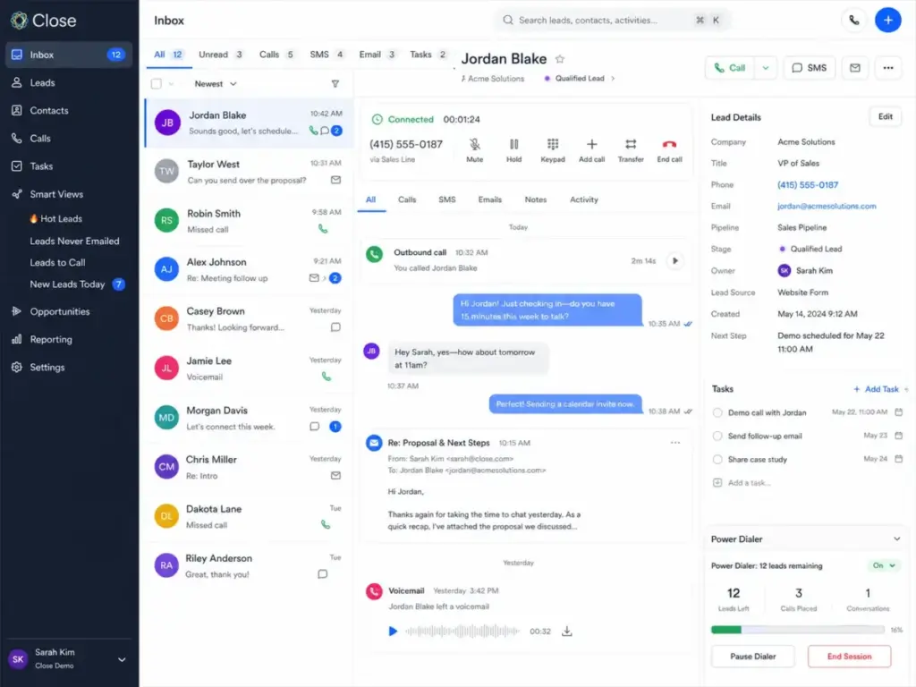 Close CRM lead inbox showing calling controls, SMS messages, email thread, task list, lead details, and Power Dialer activity.