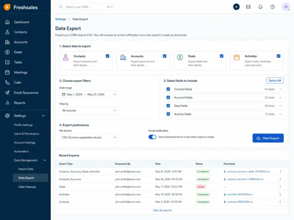 Freshsales data export settings screen showing CRM export options for contacts, accounts, deals, activities, CSV format, field selection, and recent export history.
