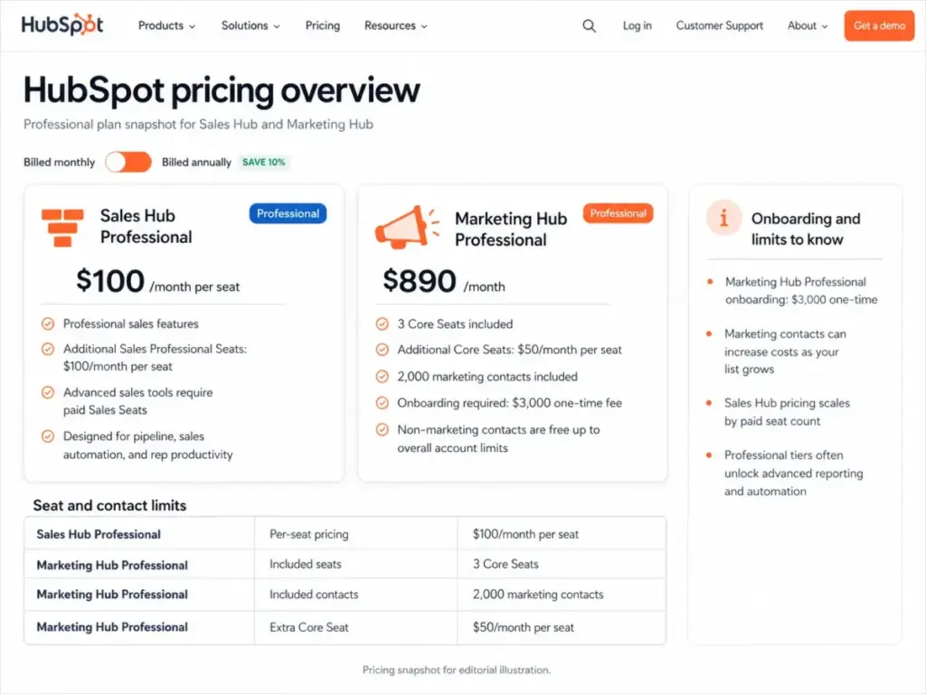 HubSpot pricing screenshot showing Sales Hub Professional at $100 per seat per month, Marketing Hub Professional at $890 per month, onboarding fees, included Core Seats, and marketing contact limits.