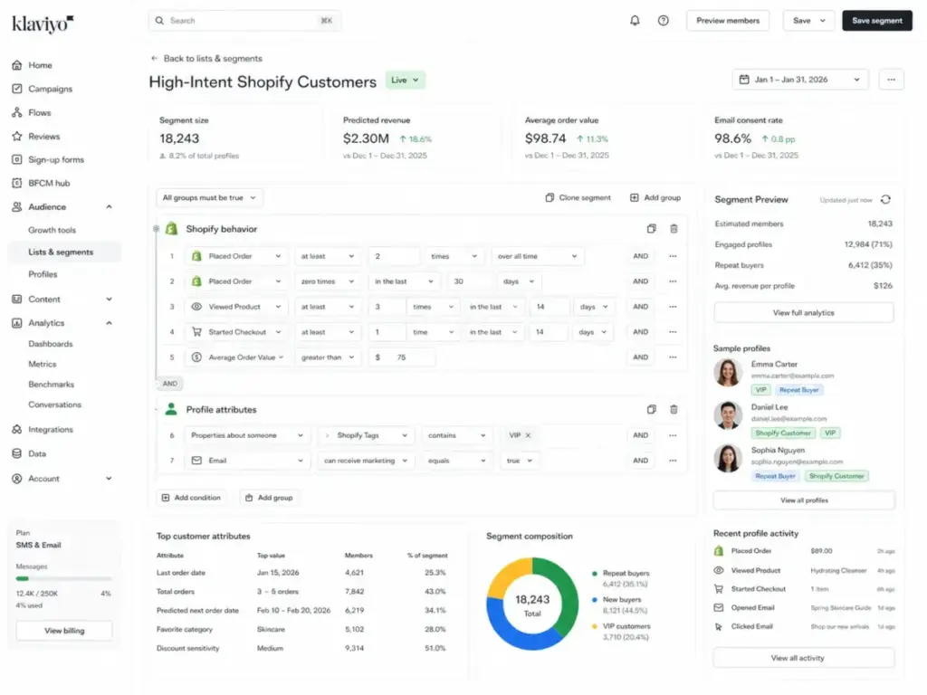 Klaviyo segmentation builder showing Shopify purchase behavior filters, customer profile attributes, VIP tags, email consent rules, segment preview, and audience insights.