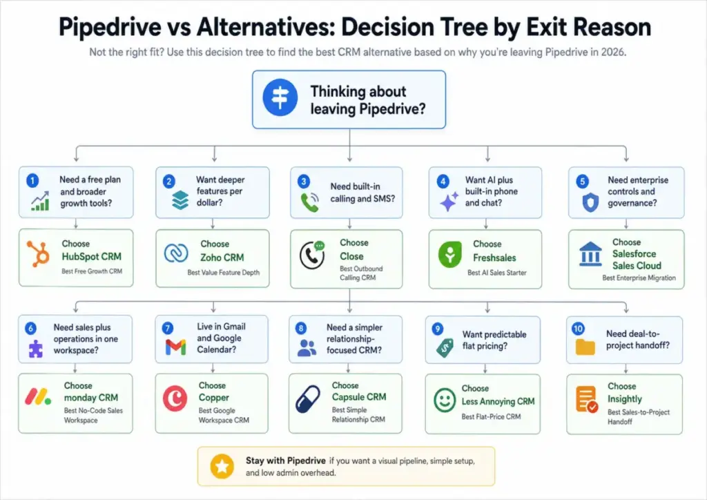 Decision tree showing the best Pipedrive alternatives by exit reason, including HubSpot CRM, Zoho CRM, Close, Freshsales, Salesforce, monday CRM, Copper, Capsule CRM, Less Annoying CRM, and Insightly.