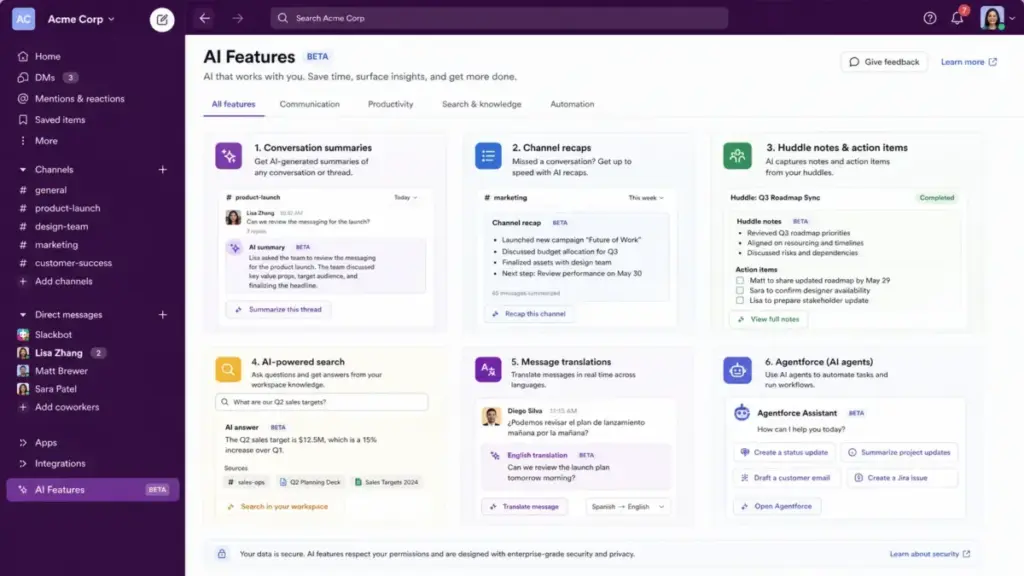 Slack AI features page showing conversation summaries, channel recaps, huddle notes, AI-powered search, message translations, and Agentforce tools inside a team collaboration workspace.
