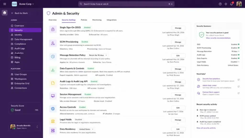 Slack admin and security settings screen showing SSO, SCIM provisioning, message retention policy, data exports, audit logs, session management, access controls, legal holds, and data residency options.
