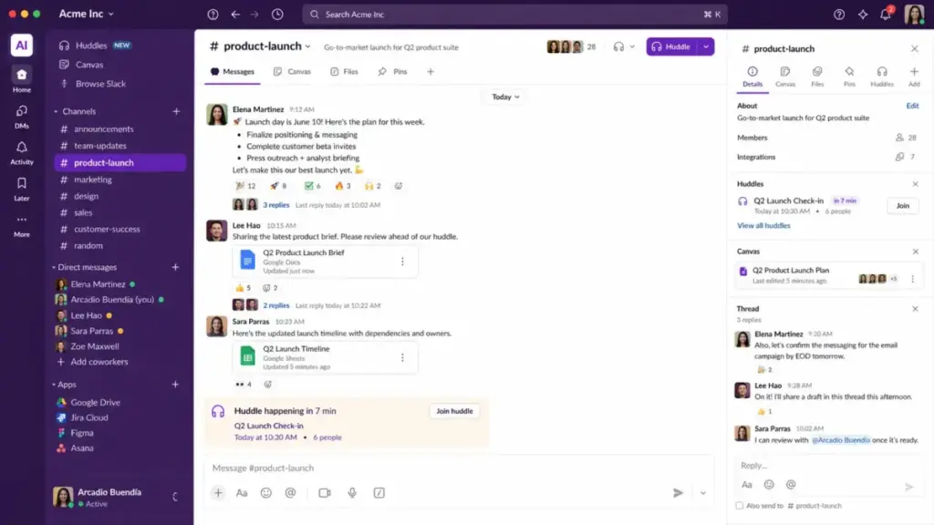 Slack-style product launch channel showing threaded replies, emoji reactions, shared Google Docs and Sheets files, an upcoming huddle, and a canvas panel in the channel sidebar.
