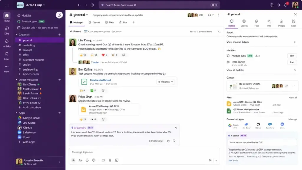 Slack-style workspace dashboard showing channels, direct messages, huddles, canvases, connected apps, shared files, and an AI search panel inside a team collaboration interface.