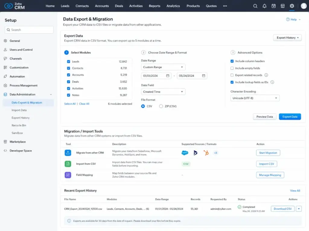 Zoho CRM data export and migration settings screen showing module selection, CSV export options, field mapping, import tools, and recent export history.