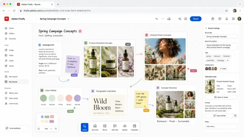 Adobe Firefly Boards interface showing a visual ideation workflow with campaign concepts, product images, color palette, typography inspiration, notes, and creative direction.