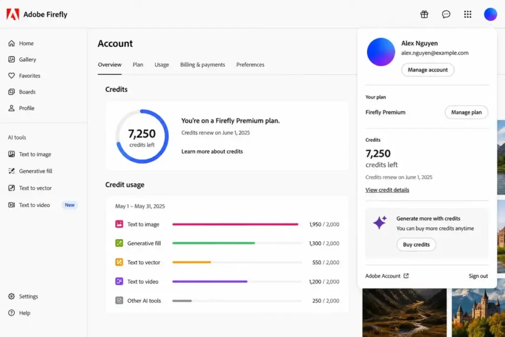 Adobe Firefly account page showing generative credit usage, remaining credits, plan details, and credit usage progress bars for AI tools.