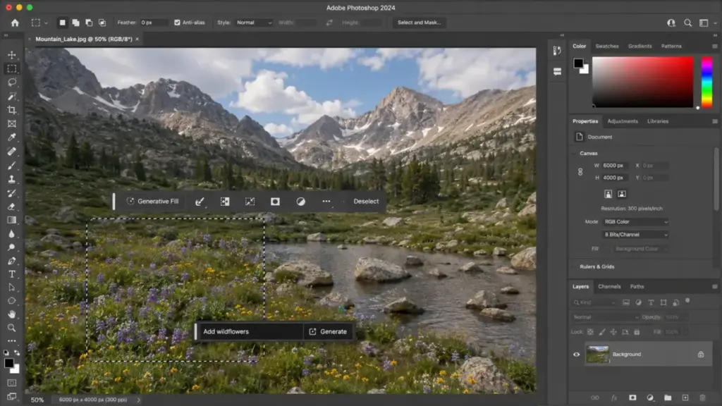 Adobe Firefly Generative Fill in Photoshop showing AI-powered image editing with a selected area and text prompt