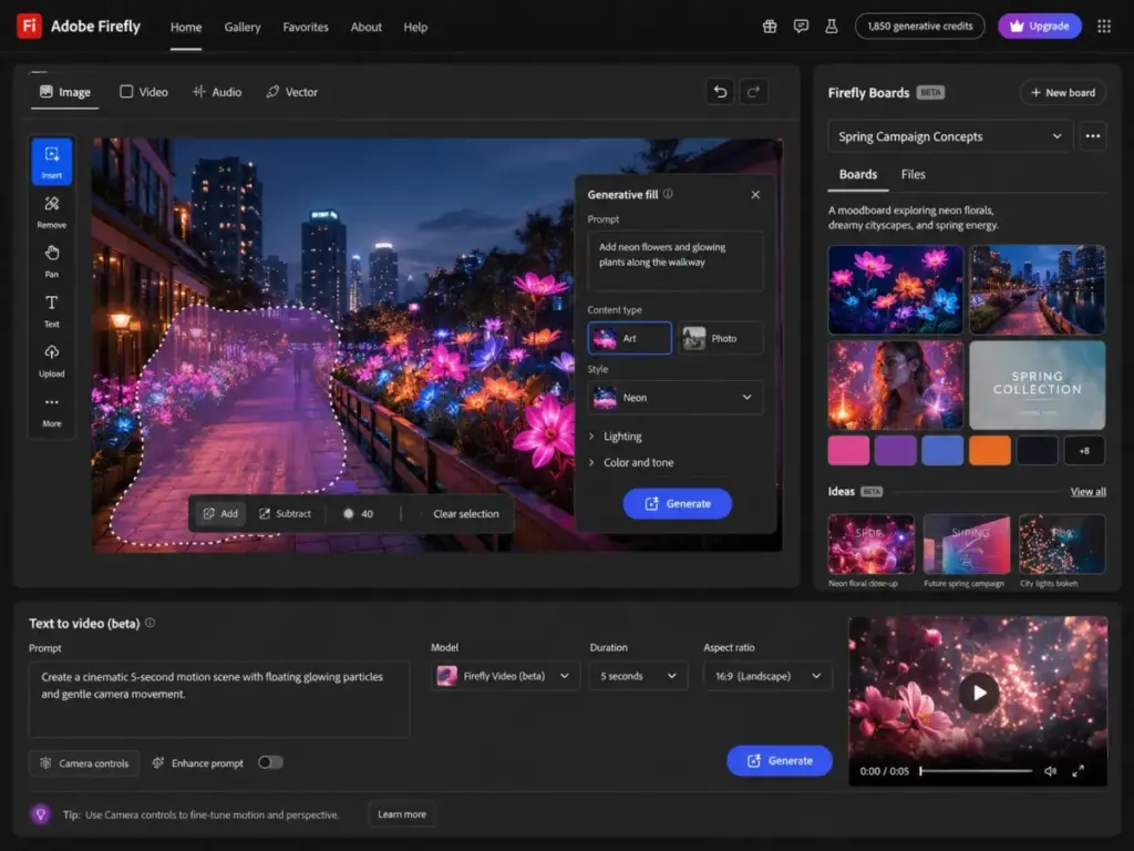 Adobe Firefly creative workspace showing Generative Fill, text-to-video prompt controls, generative credit balance, and Firefly Boards moodboard.