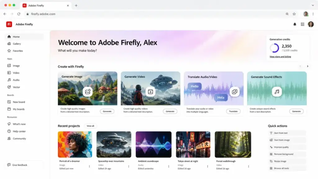Adobe Firefly home dashboard showing AI image generation, video creation, audio translation, sound effects, recent projects, and generative credit usage.
