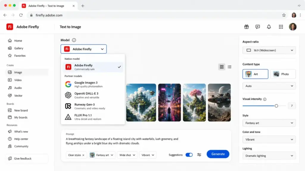 Adobe Firefly Text to Image interface showing the model selector with Adobe Firefly, Google Imagen, OpenAI DALL-E, Runway, and FLUX options.
