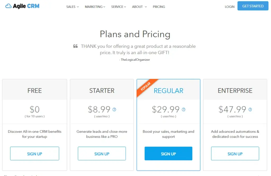 Agile CRM pricing page showing Free plan at $0 for 10 users, Starter at $8.99, Regular at $29.99, and Enterprise at $47.99